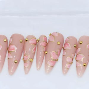 Fleshing Pink Flower Nail Handmade French Tip Nails, Bow Fake Nails for Girl Gift,3D nails,party press on nails,Almond nails