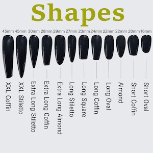 May include: A chart showing different nail shapes and their corresponding lengths in millimeters. The shapes include: Short Oval, Short Coffin, Almond, Long Oval, Long Coffin, Long Square, Long Stiletto, Extra Long Almond, Extra Long Coffin, Extra Long Stiletto, XXL Stiletto, and XXL Coffin.