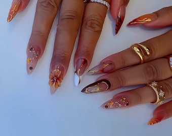 Brown nails,Custom Hand painted Acrylic Nails, 3D Press On Nail, Butterfly Nails,Diamond French Press On Nails,Ombre Nail Art,Girl gift
