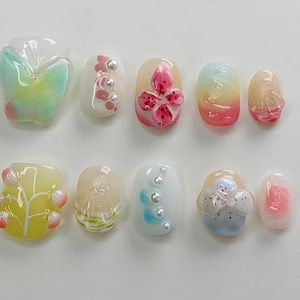 Leuke bloemnagels, aangepaste handverf acrylnagels, 3D-pers op de nagel, bloemennagels, kort op de nagels drukken, amandelnagels, Franse nagels, cadeau