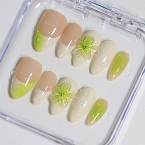 Weding nails,Custom Hand painted Acrylic nails, Flower nails, 3D Press On Nail, Green Nails,Blossom Press On Nails,Ombre Nail Art,Girl gift