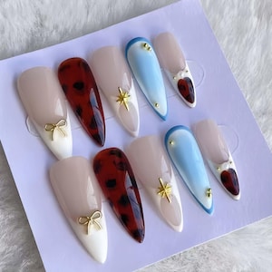 Elegant stylished nail for Summer Medium Almond Press On Nail, Custom Design Nail Art, Fake,Flase Nail Birthday Holiday Vacation Nail,Gift