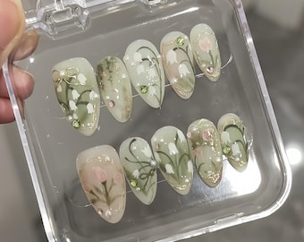 Weding nails,Custom Hand painted Acrylic nails, lily of the valley flower nails, 3D Press On Nail,French Press On Nails,Nail Art,Girl gift
