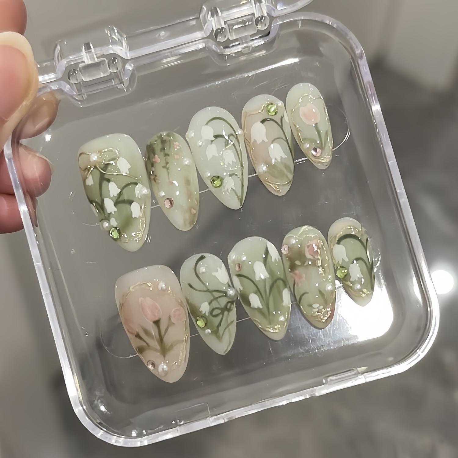 Weding nails,Custom Hand painted Acrylic nails, lily of the valley flower nails, 3D Press On Nail,French Press On Nails,Nail Art,Girl gift