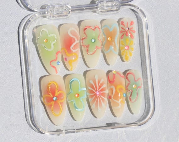 Color nails,Custom Hand painted Acrylic Nails, 3D Press On Nail, Butterfly Nails,Blossom French Press On Nails,Ombre Nail Art,Girl gift