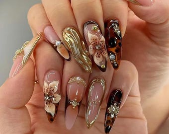 Gold nails,Custom Hand painted Acrylic Nails, 3D Press On Nail, Butterfly Nails,Blossom French Press On Nails,Ombre Nail Art,Girl gift