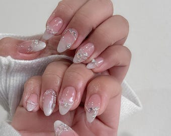 Weding nails,Custom Hand painted Acrylic nails, Pearl nails, 3D Press On Nail, Green Nails,Blossom Press On Nails,Ombre Nail Art,Girl gift