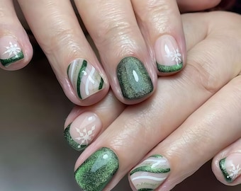 Christmas nails,Custom Green Hand painted Acrylic nails, Bow nails, 3D Press On Nail, Green Nails,Blossom Press On Nails,Ombre Nail Art