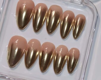Stylish Gold shinningnail ,for Summer Medium Almond Press On Nail, Custom Design Nail Art, Fake,Birthday Holiday Vacation Nail,Gift