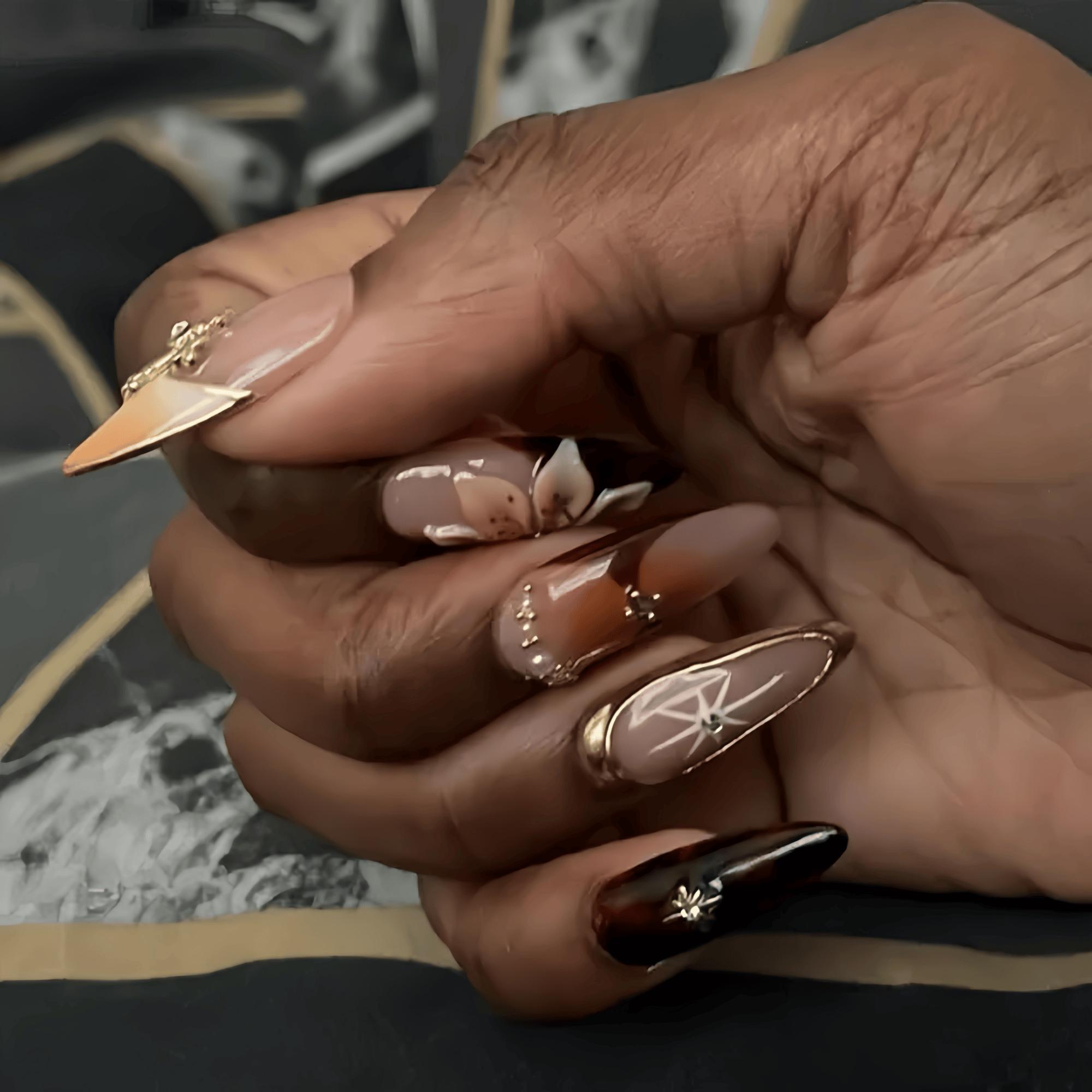 Brown nails,Custom Hand painted Acrylic Nails, 3D Press On Nail, Flower Nails,Diamond French Press On Nails,Ombre Nail Art,Girl gift，