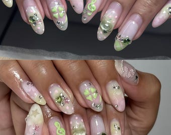 Green musical note, four-leaf clover Press On Nails,Custom Hand painted Acrylic Nails, 3D Press On Nail, Blossom French Press On Nails