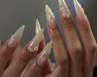Pearl nails,Custom Hand painted Acrylic Nails, 3D Press On Nail, Long Nails,Blossom French Press On Nails,Ombre Nail Art,Girl gift,christmas