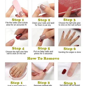 May include: A step-by-step guide on how to apply and remove fake nails. The image shows a series of steps with illustrations of hands applying fake nails and removing them. The steps include filing, cleaning, applying glue, pressing the nails, sanding, and soaking in warm water.
