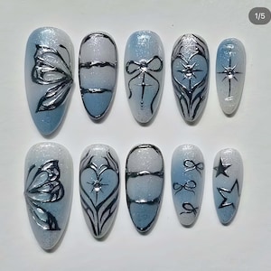 Stylish shinning Butterfly ,for Summer Medium Almond Press On Nail, Custom Design Nail Art, Fake,Birthday Holiday Vacation Nail,Gift