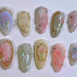 Weding nails,Custom Hand painted Acrylic nails, Flower nails, 3D Press On Nail, tulip Nails,Blossom Press On Nails,Ombre Nail Art,chrisrmas