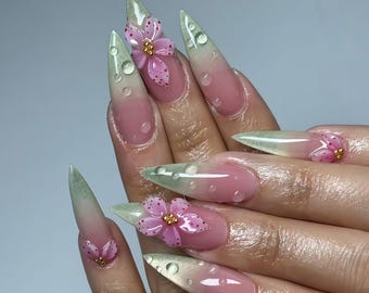 Hochzeit Rosa Blume Nägel, Hand malen Acrylnägel, Benutzerdefinierte Press On Nail, Rosa Nägel, 3D Press On Nails, Mandel Nägel, French Nägel