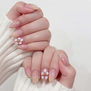 Unhas ovais de flores de verão carnudas, unhas de acrílico pintadas à mão personalizadas, unhas de pressão 3D, unhas de pressão de flores, natal