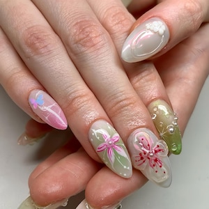 Unghie da sposa, unghie acriliche personalizzate dipinte a mano, unghie floreali, unghie pressate 3D, unghie pressate alla francese, nail art, regalo per ragazze, unghie floreali