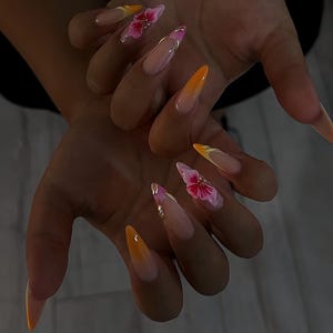 Blumennägel, kundenspezifische handgemalte Acrylnägel, 3D-Press-On-Nägel, Blumennägel, Blütennägel, French Press On Nails, Ombre Nail Art, Weihnachtsgeschenk