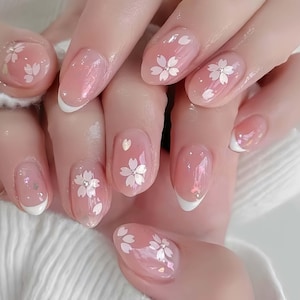 Cherry-blossom nails,Custom Hand painted Acrylic nails, Pearl nails, 3D Press On Nail, Blossom Press On Nails,Ombre Nail Art,Girl gift