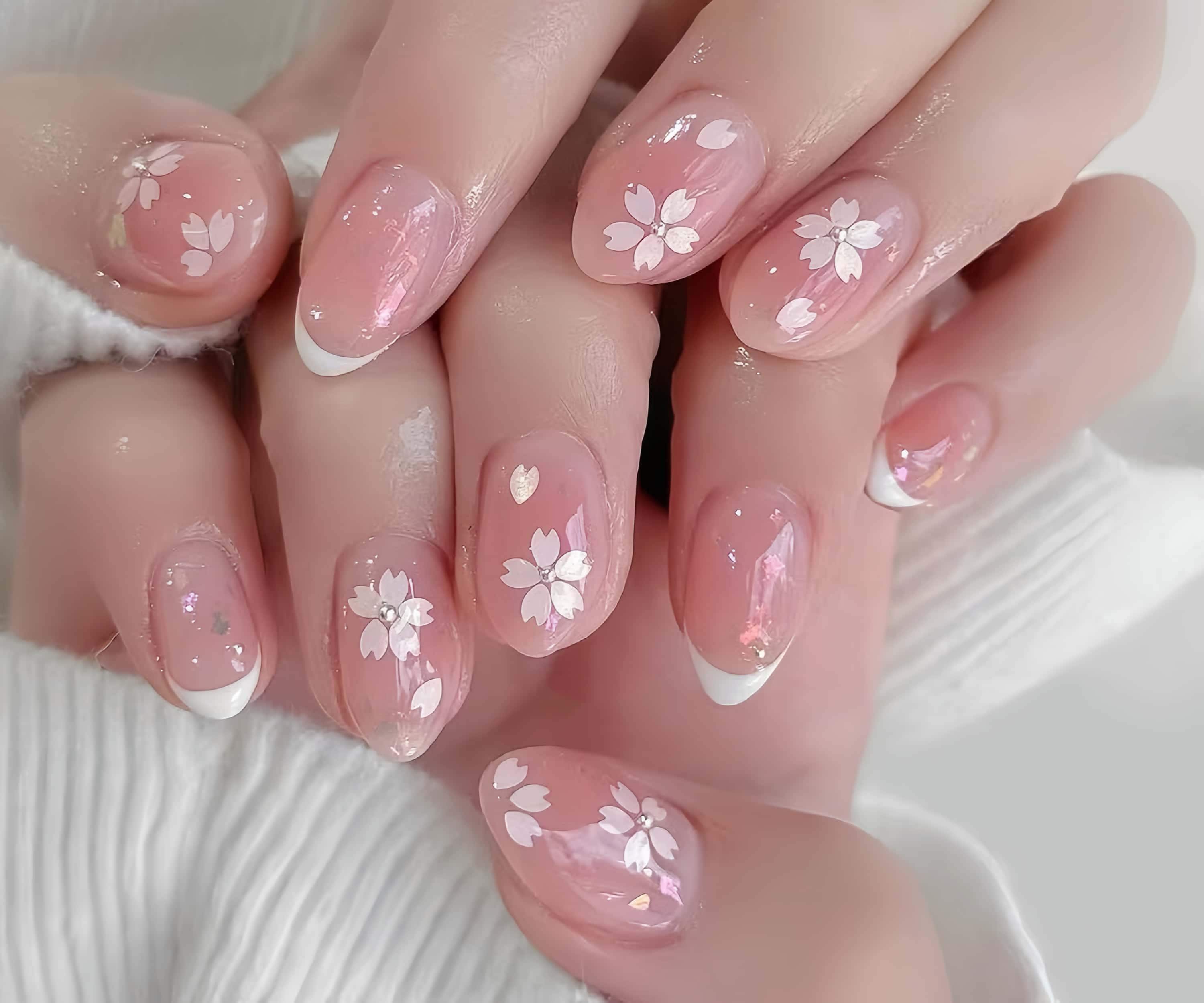 Cherry-blossom Nails,custom Hand Painted Acrylic Nails, Pearl
