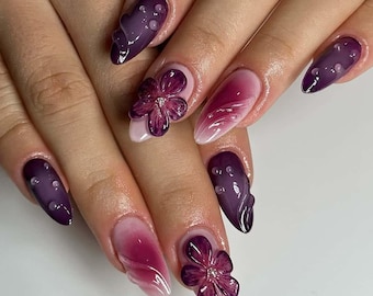 Wedding nails,Custom Hand painted Acrylic Summer,Flower Press On Nail, floral press on nail, french Nails,3d nails,almond nails,Girl gift