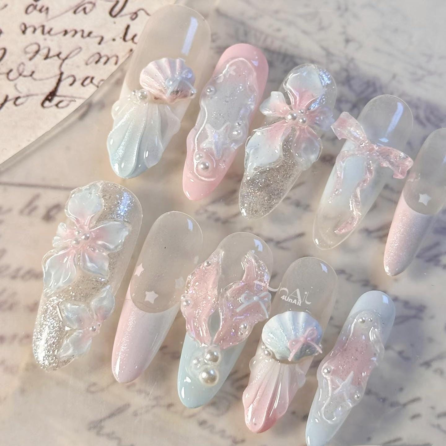 Dreamy Charming Shinning nail, Custom Hand paint Acrylic nails,3D Press On Nail, Pink Nails ,Press On Nails Short,Almond Nails ,French Nails