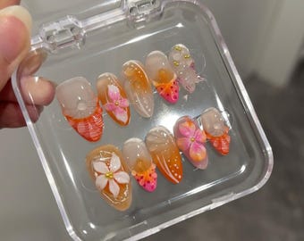 Wedding Nails,Handmade Short French Tip Nails, Flower Fake Nails for Girl Gift,3D nails,party press on nails,Almond nails, Blue Almond Nails