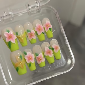 Weding nails,Custom Hand painted Acrylic nails, Flower nails, 3D Press On Nail, Green Nails,Blossom Press On Nails,Ombre Nail Art,Girl gift