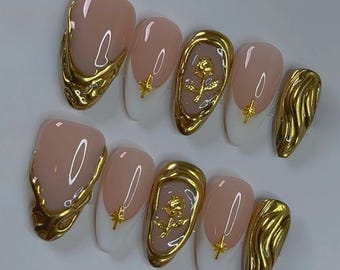 Birthday gift Nails,Handmade French Tip Nails, Fake Nails Girl Gift,3D nails,party press on nails,Almond nails, Almond Nails,Flower nails