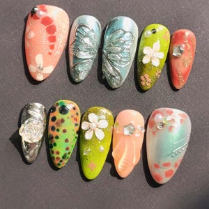 Unghie da sposa, unghie acriliche personalizzate dipinte a mano, unghie floreali, unghie pressate 3D, unghie pressate alla francese, nail art, regalo per ragazze, regalo