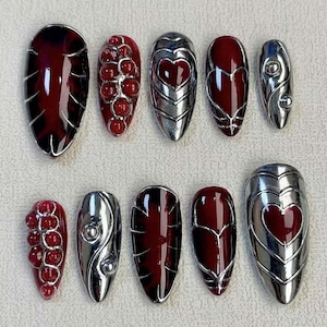 Diamond Heart nails,Custom Hand paint Acrylic nails, Black nails, 3D Press On Nail, Moon Nails,Press On Nails ,Almond Nails ,French Nails