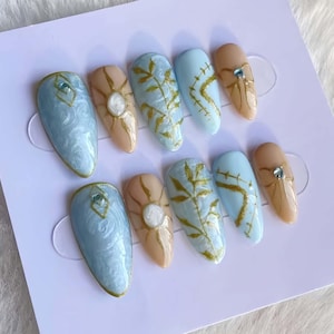 Stylished elegant nail for Summer Medium Almond Press On Nail, Custom Design Nail Art, Fake,Flase Nail Birthday Holiday Vacation Nail,Gift