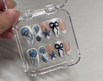 Quallen Nägel, Benutzerdefinierte handgemalte Acryl Sommer, blaue Nägel, 3D Press On Nail, Tulpe Nägel, Blüte Press On Nails, Ombre Nagel Kunst, Mädchen Geschenk