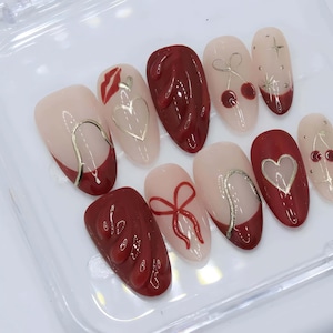 Wedding red elegant nail, Custom Hand painted Acrylic nails, Pearl nails, 3D Press On Nail, Blossom Press On Nails,Ombre Nail Art,Girl gift