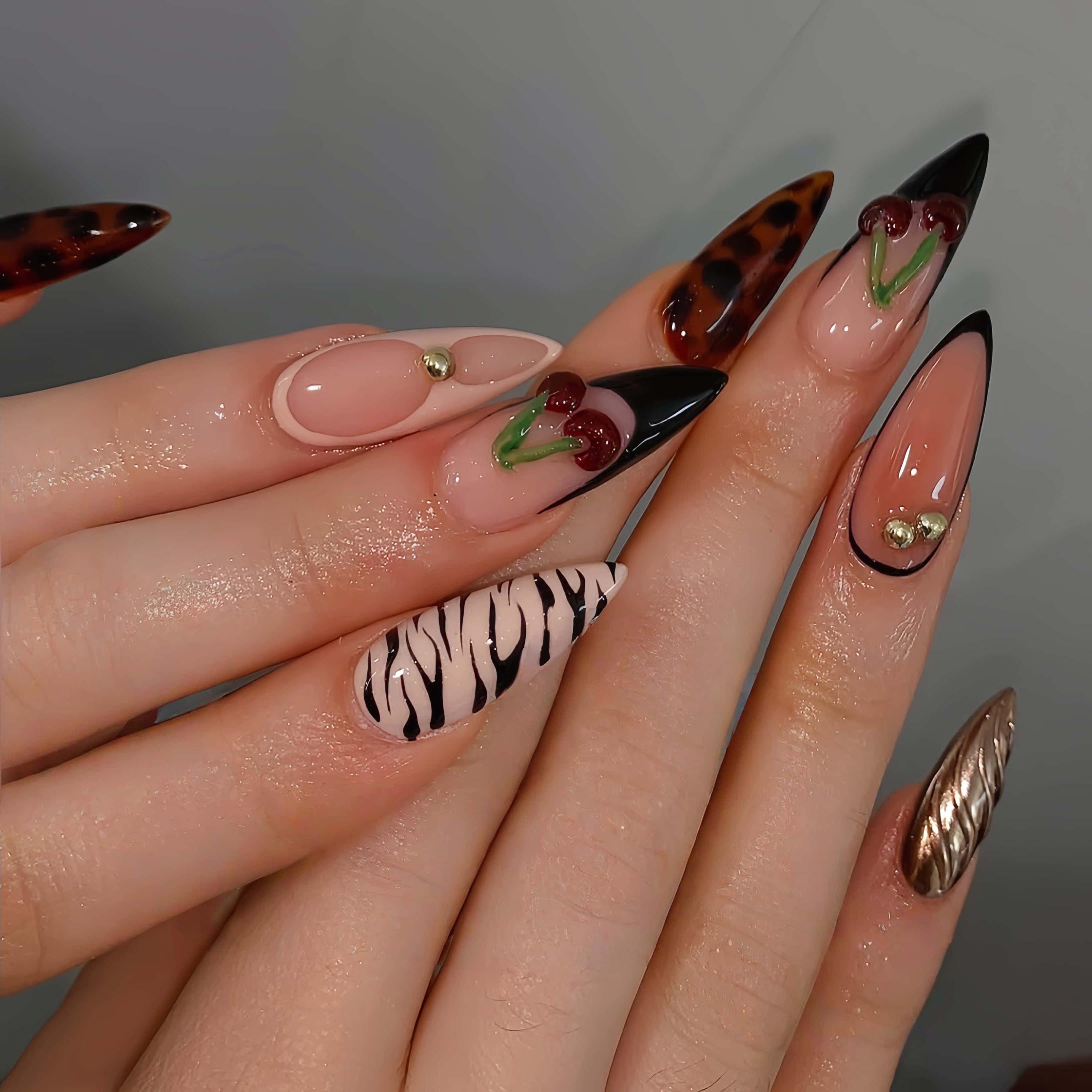Elegant Cherry Flower Hand Print Nail for Summer Almond Press on