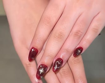 Trendy hand print Flower Nail for Summer Almond Press On Nail, Custom Design Nail Art, Fake,Red Nail, Birthday Holiday Vacation Nail,Gift
