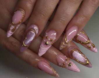 3D フラワーとピンクのフレンチ ネイル セット、ゼブラ プリント