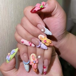 Dreamy 3D beautiful Nail ,for Summer Medium Almond Press On Nail, Custom Design Nail Art,  Birthday Holiday Vacation Nail,Gift
