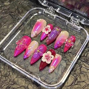 Trendy 3D Flower Nail for Summer Medium Almond Press On Nail, Custom Design Nail Art, Fake,Flase Nail Birthday Holiday Vacation Nail,Gift