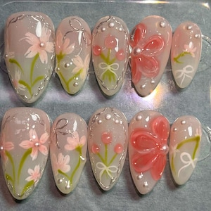 Weding nails,Custom Hand painted Acrylic nails, Flower nails, 3D Press On Nail, Green Nails,Blossom Press On Nails,Ombre Nail Art,Girl gift