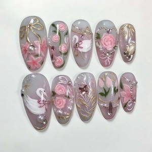 White Swan nails, Custom Hand paint Acrylic nails , 3D Press On Nail, Pink Nails ,Press On Nails Short,Almond Nails ,French Nails
