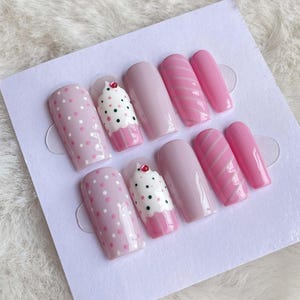 Unghie carine rosa, unghie acriliche dipinte a mano personalizzate, unghie da gatto, unghie pressate 3D, unghie pressate alla francese, nail art, regalo per ragazze, Natale,
