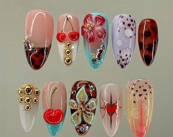 Weding nails,Custom Hand painted Acrylic nails, Flower nails, 3D Press On Nail, cherry Nails,Blossom Press On Nails,Ombre Nail Art,chrisrmas