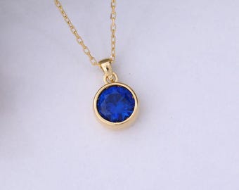Round Sapphire Bezel Necklace 14K Solid Gold, September Birthstone Charm Pendant