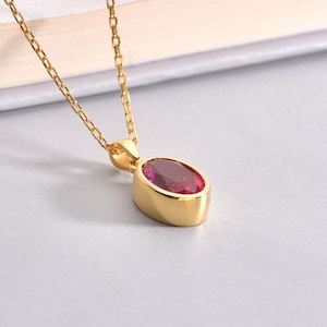 Oval Ruby Bezel Necklace 14K Solid Gold, July Birthstone Charm Pendant, Perfect Gift for Christmas, Birthdays and Special Occasions Necklace