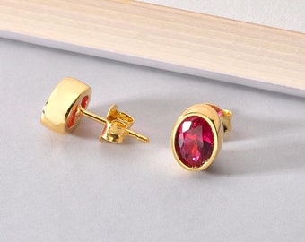 Oval Ruby Bezel Stud Earrings in 14K Solid Gold, July Birthstone Earring, Perfect Gift for Christmas, Mother&#39;s Day and Special Occasions