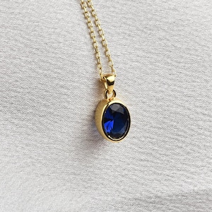 Sapphire Bezel Oval Necklace,14K Solid Gold September Birthstone Charm