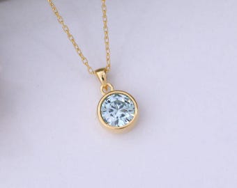 Round Aquamarine Necklace, 14K Solid Gold Bezel Pendant, March Birthstone Gift