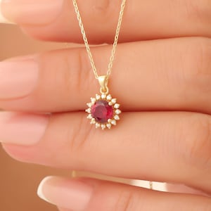 Round Ruby Necklace with Real Diamond Halo, 14K Solid Gold Pendant, July Birthstone Jewelry
